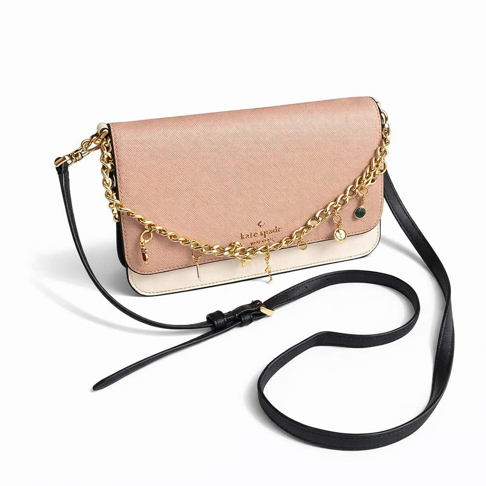 Kate Spade Madison Flap Crossbody Bag Beige White Black Leather